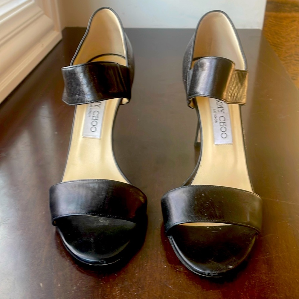 Jimmy Choo Black Leather Sandal Heels